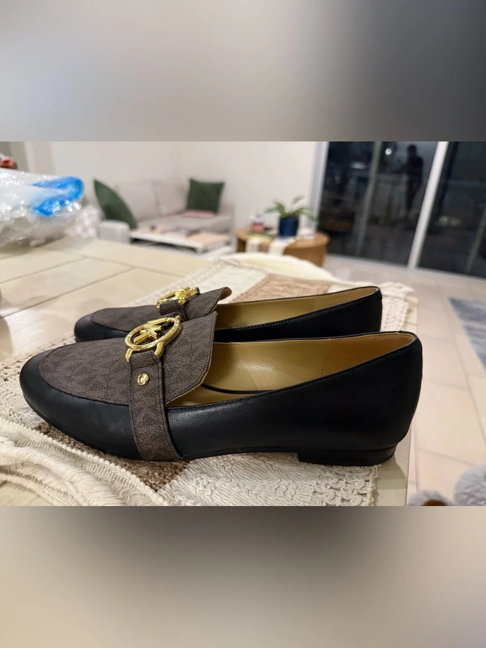 Michael Kors Brown Logo and Black Trim Gold-MK Loafers